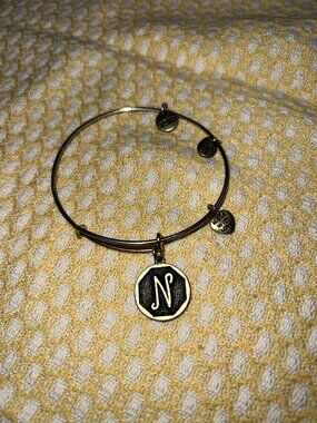 Gold Expandable Initial N Charm Bangle Bracelet | Letter N Wire Bangle